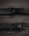 Pocket knife with black handle, serrated edge, spring assist, bottle opener