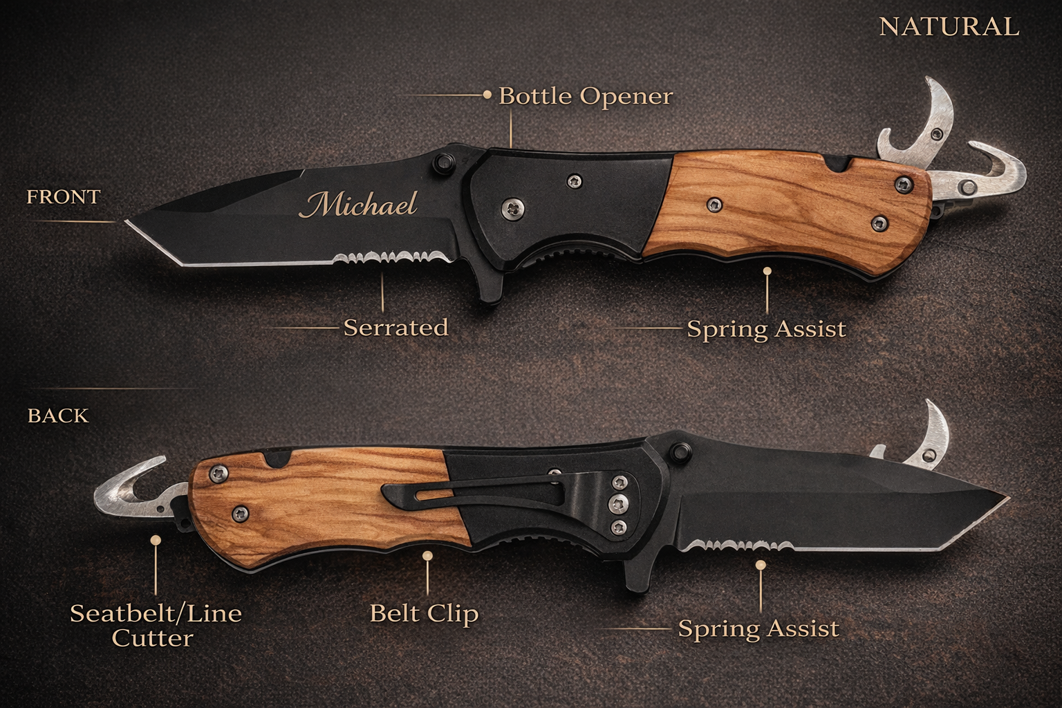 Pocket knife with natural wood handle, serrated edge, spring assist, bottle opener