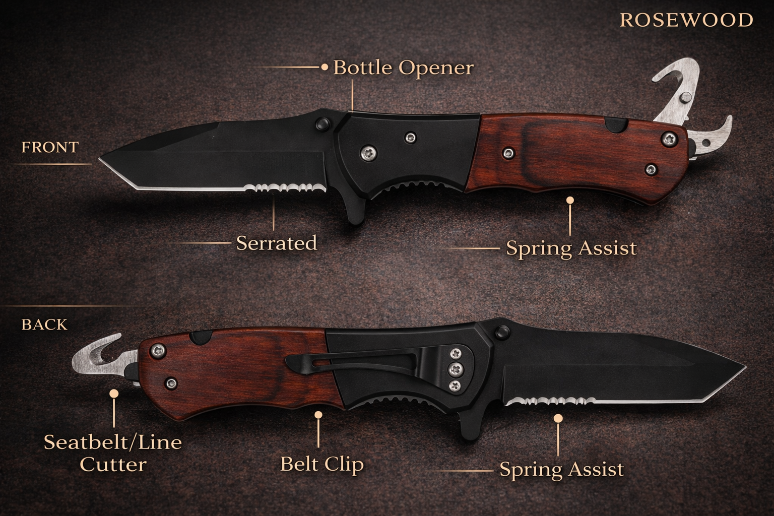 Pocket knife with rosewood handle, serrated edge, spring assist, bottle opener