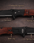 Pocket knife with rosewood handle, serrated edge, spring assist, bottle opener