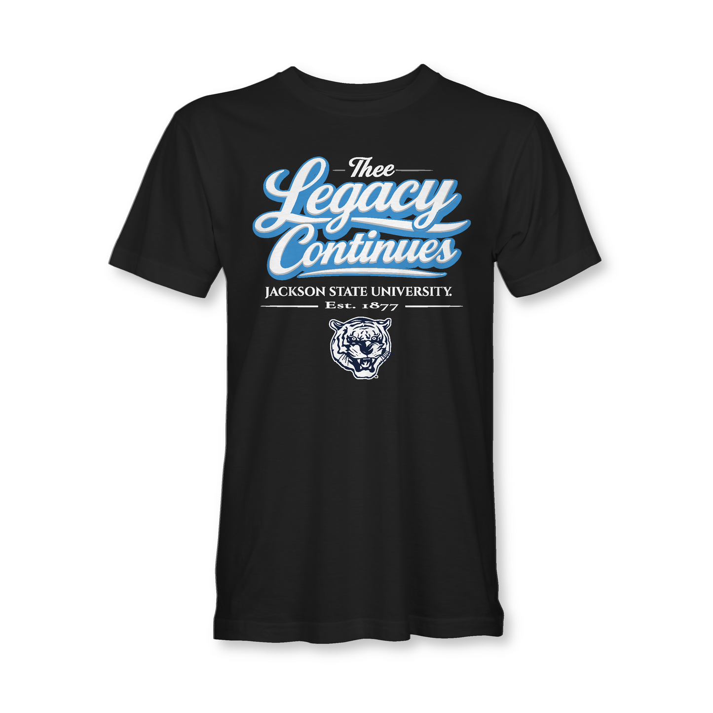 Black t-shirt with 'The Legacy Continues' text and Jackson State University logo on a white background