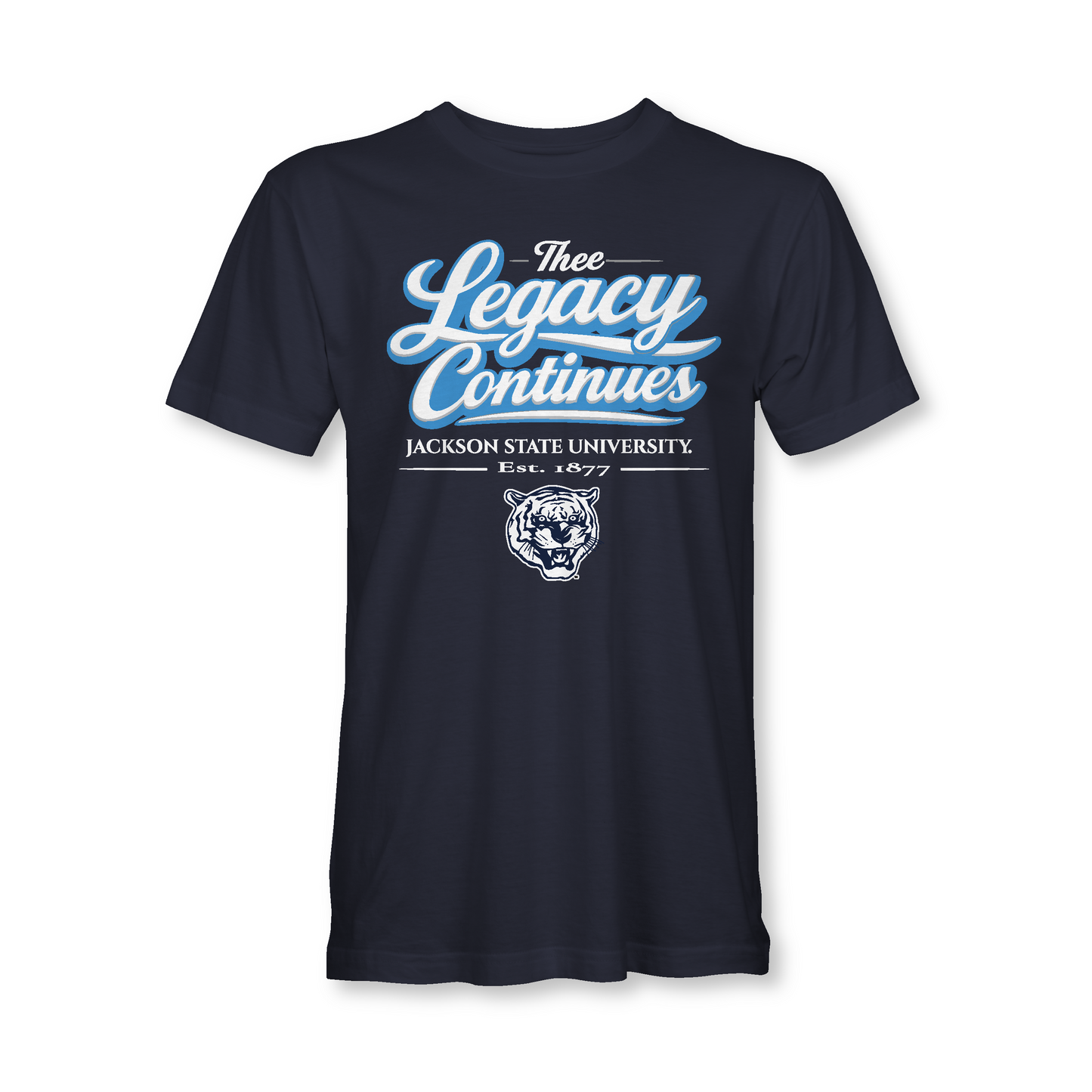 Navy blue t-shirt with 'The Legacy Continues' text and tiger logo on a white background