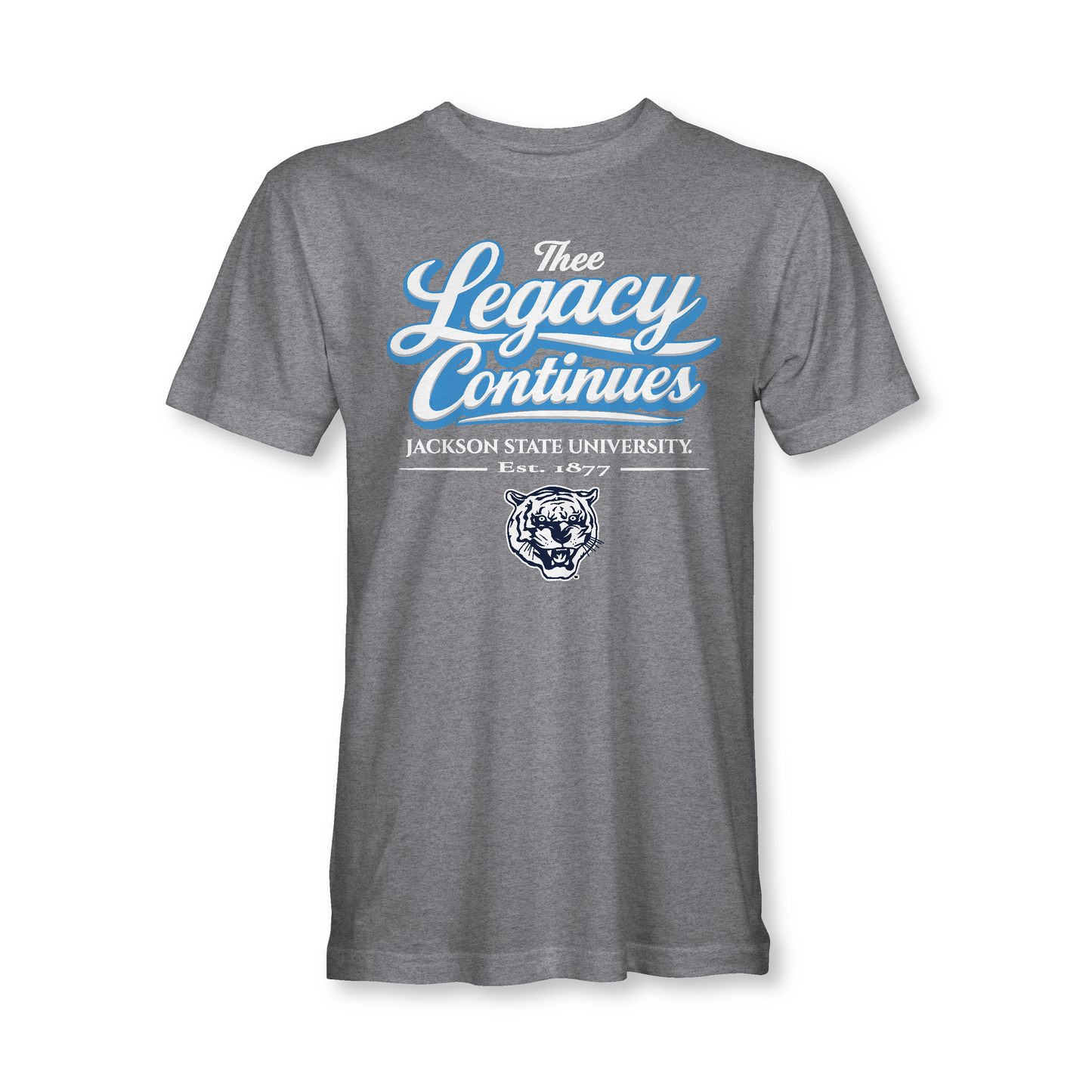 Gray t-shirt with 'The Legacy Continues' text and tiger logo on a white background