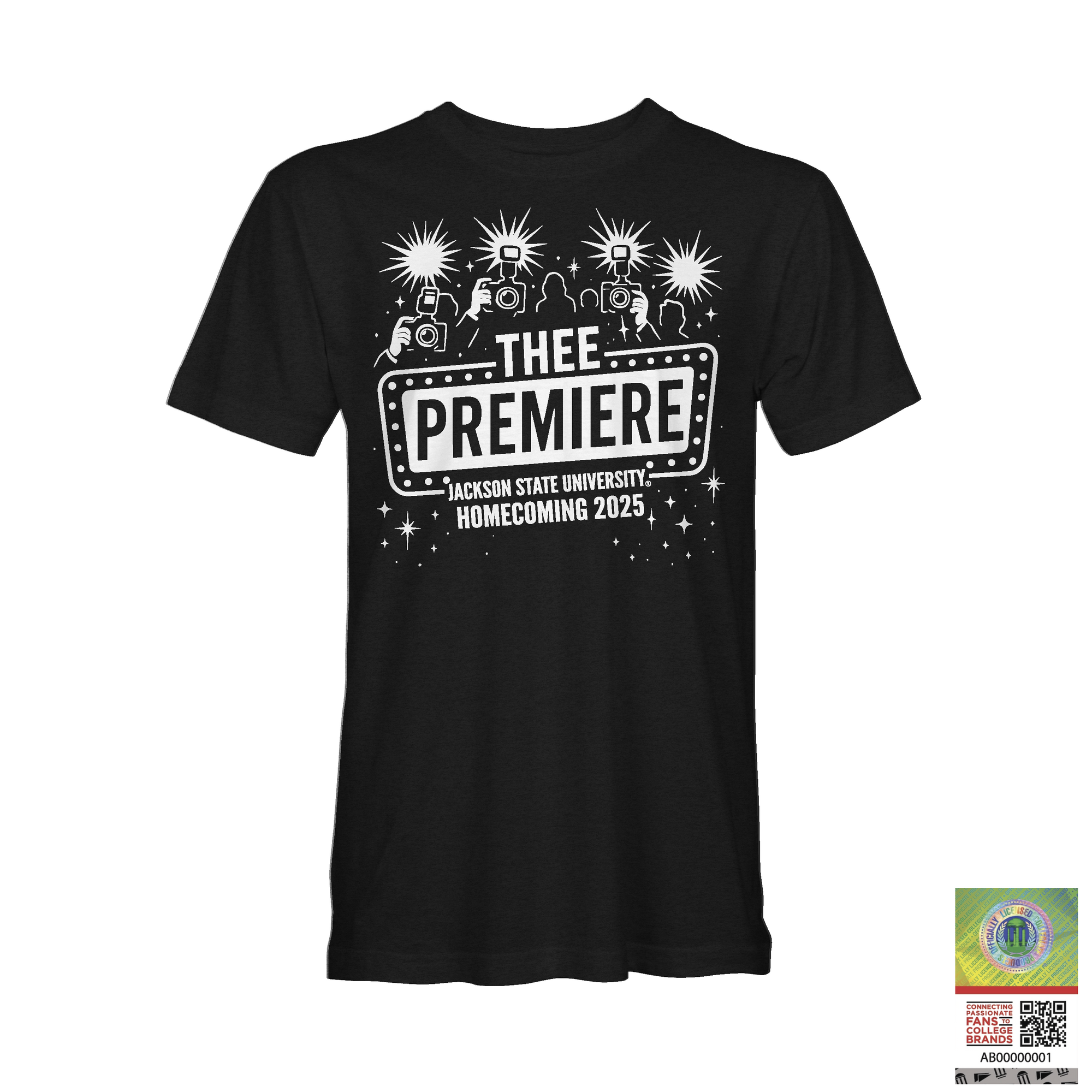Black short-sleeve T-shirt with large “THEE PREMIERE” front event graphic