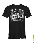 Black short-sleeve T-shirt with large “THEE PREMIERE” front event graphic