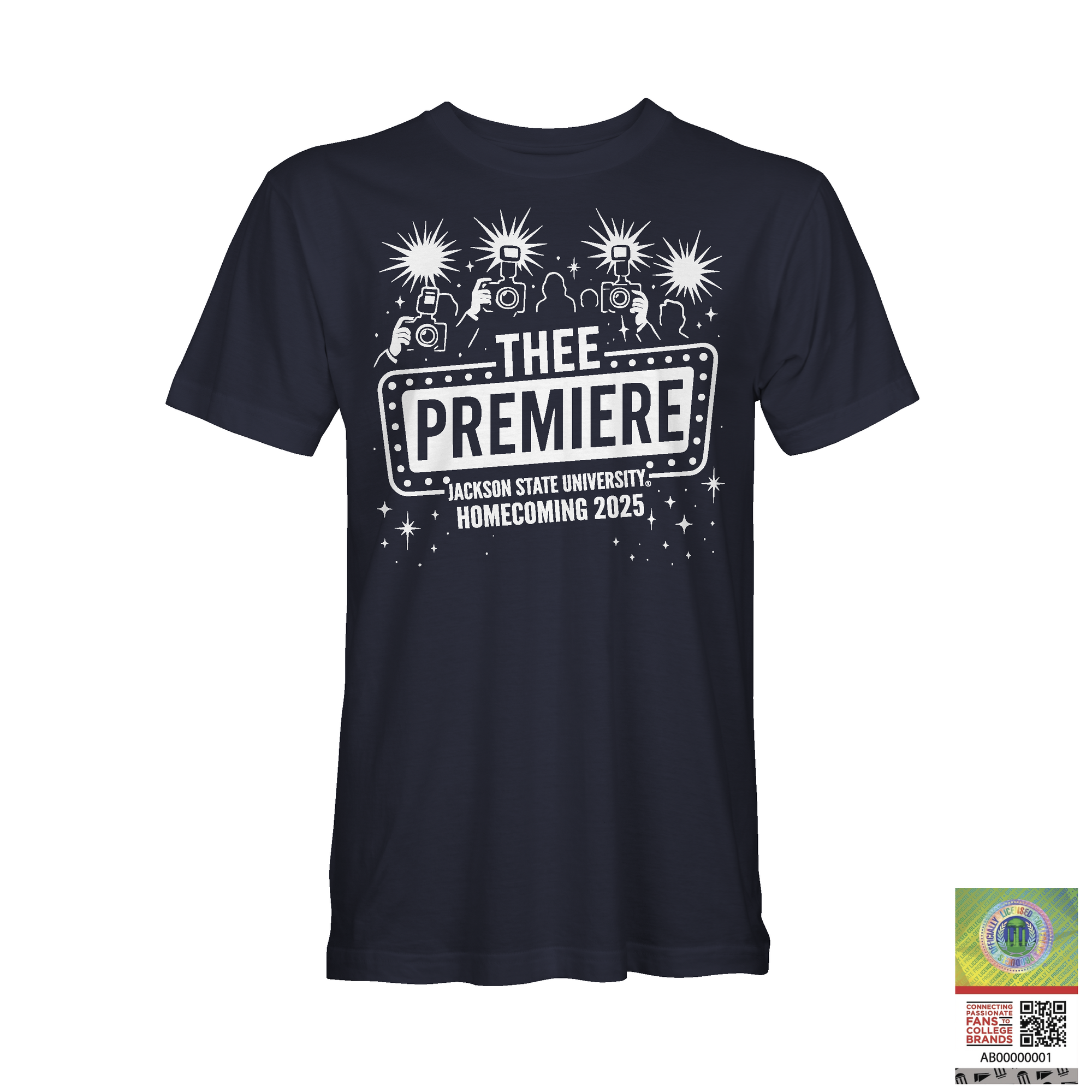 Navy short-sleeve T-shirt with large “THEE PREMIERE” front event graphic