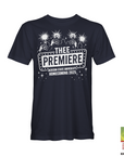 Navy short-sleeve T-shirt with large “THEE PREMIERE” front event graphic