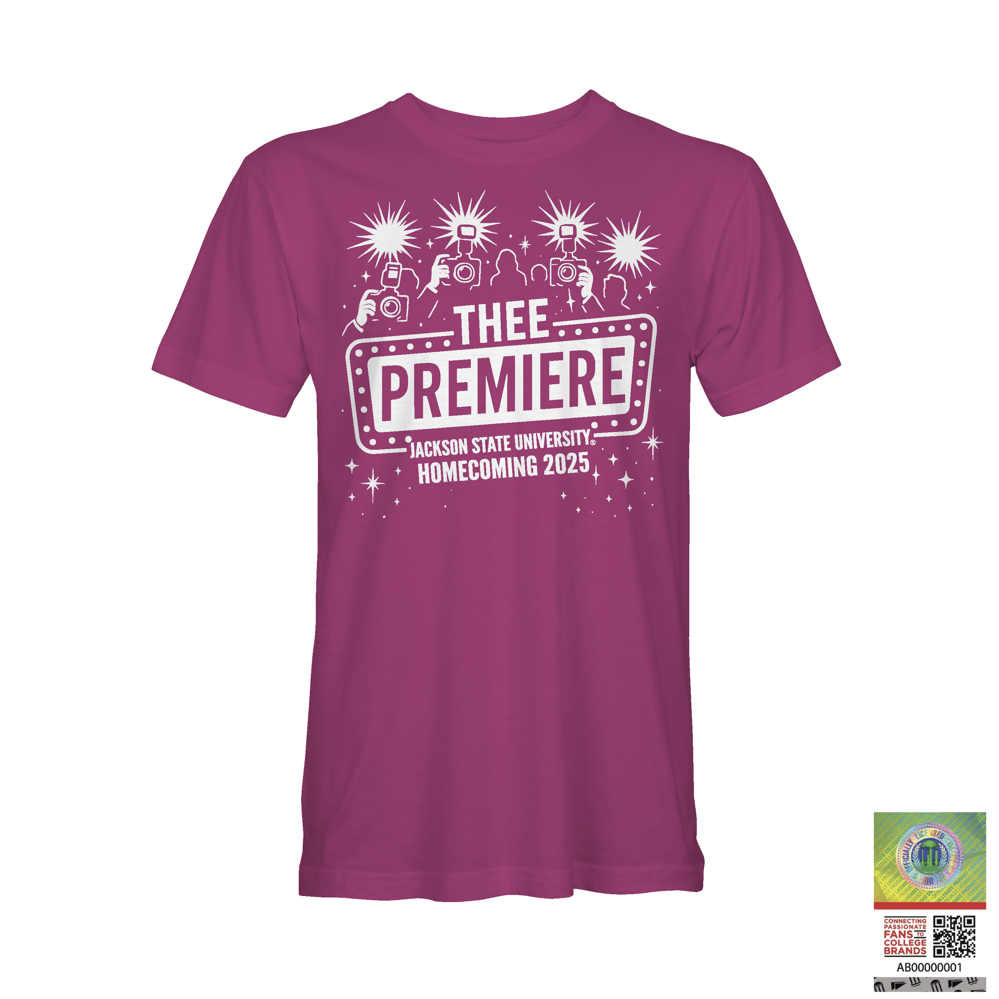 Purple/magenta short-sleeve T-shirt with large “THEE PREMIERE” front event graphic