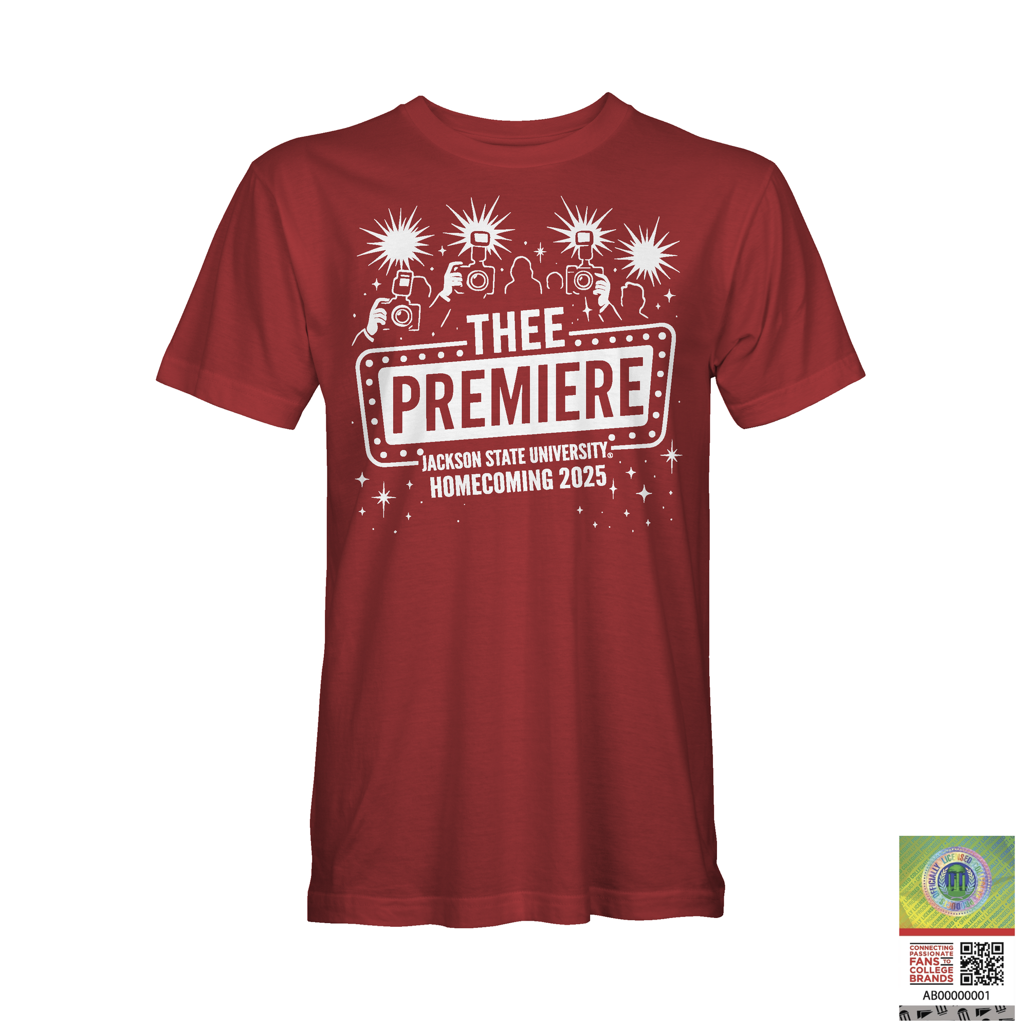 Red short-sleeve T-shirt with large “THEE PREMIERE” front event graphic