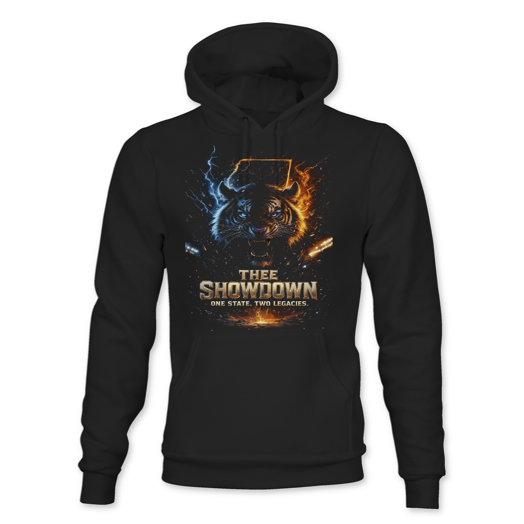 Thee Showdown graphic pullover hoodie, black with wolf head lightning and flame print