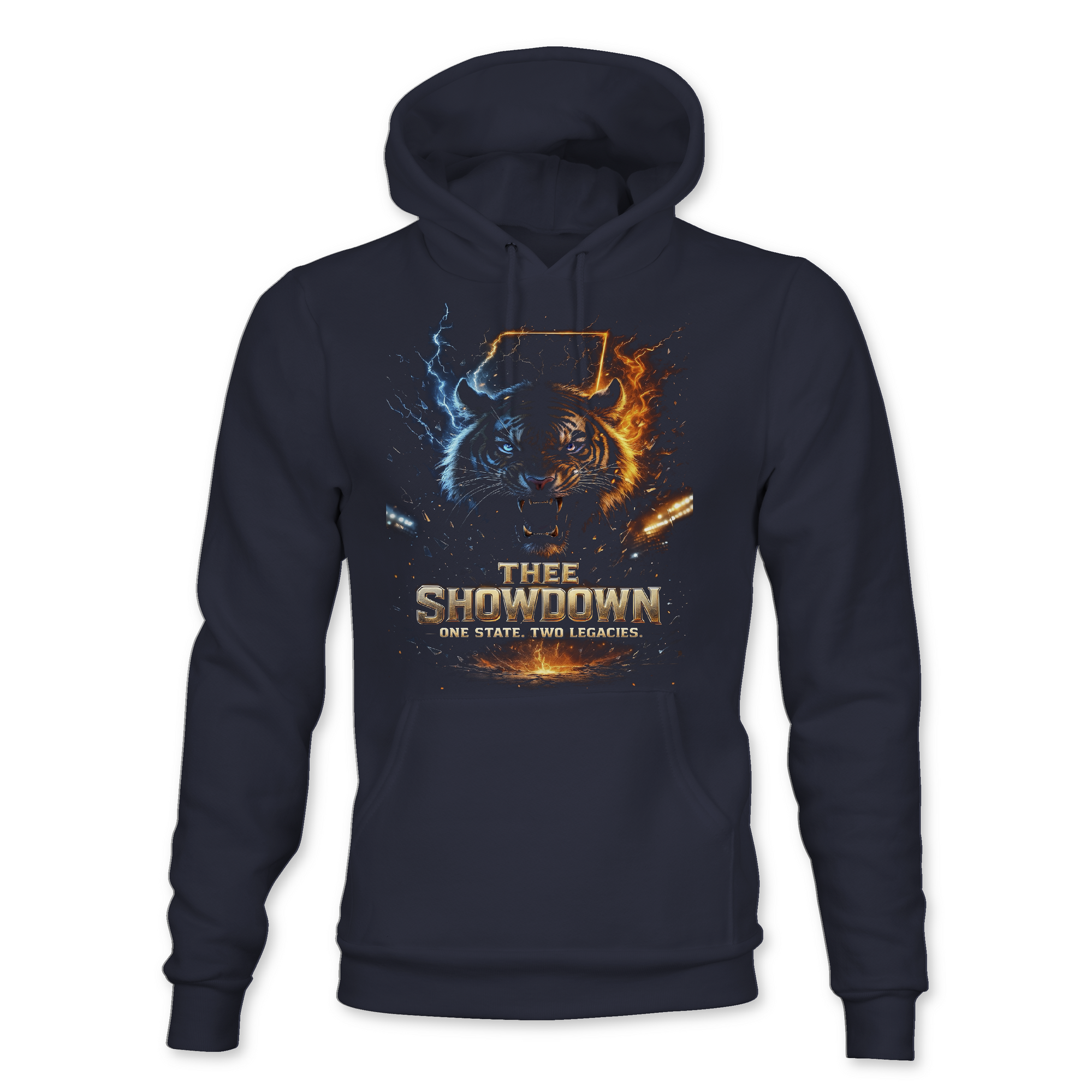 Thee Showdown graphic pullover hoodie, navy blue with wolf head lightning and flame print