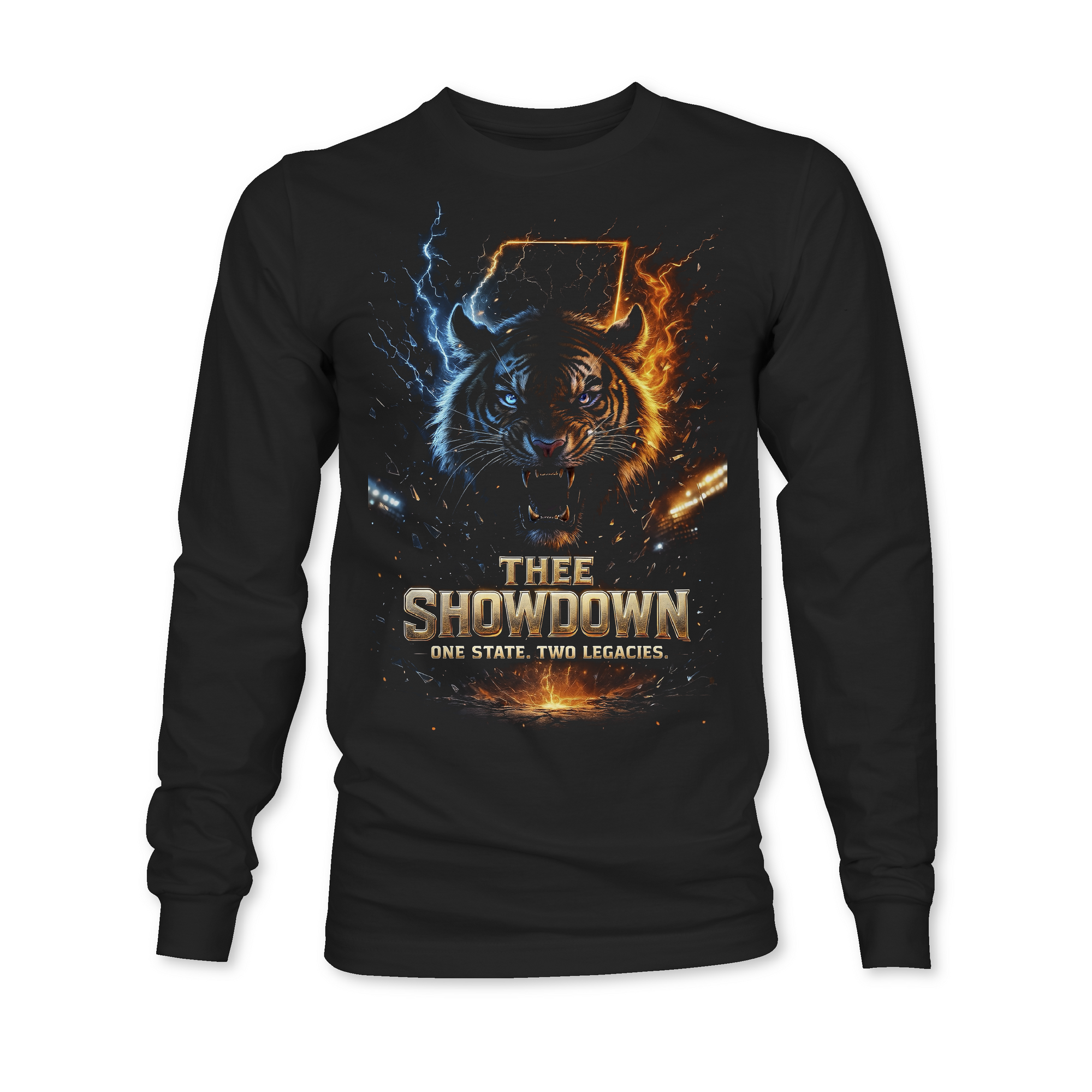 Thee Showdown graphic long sleeve crewneck tee, black with wolf head lightning and flame