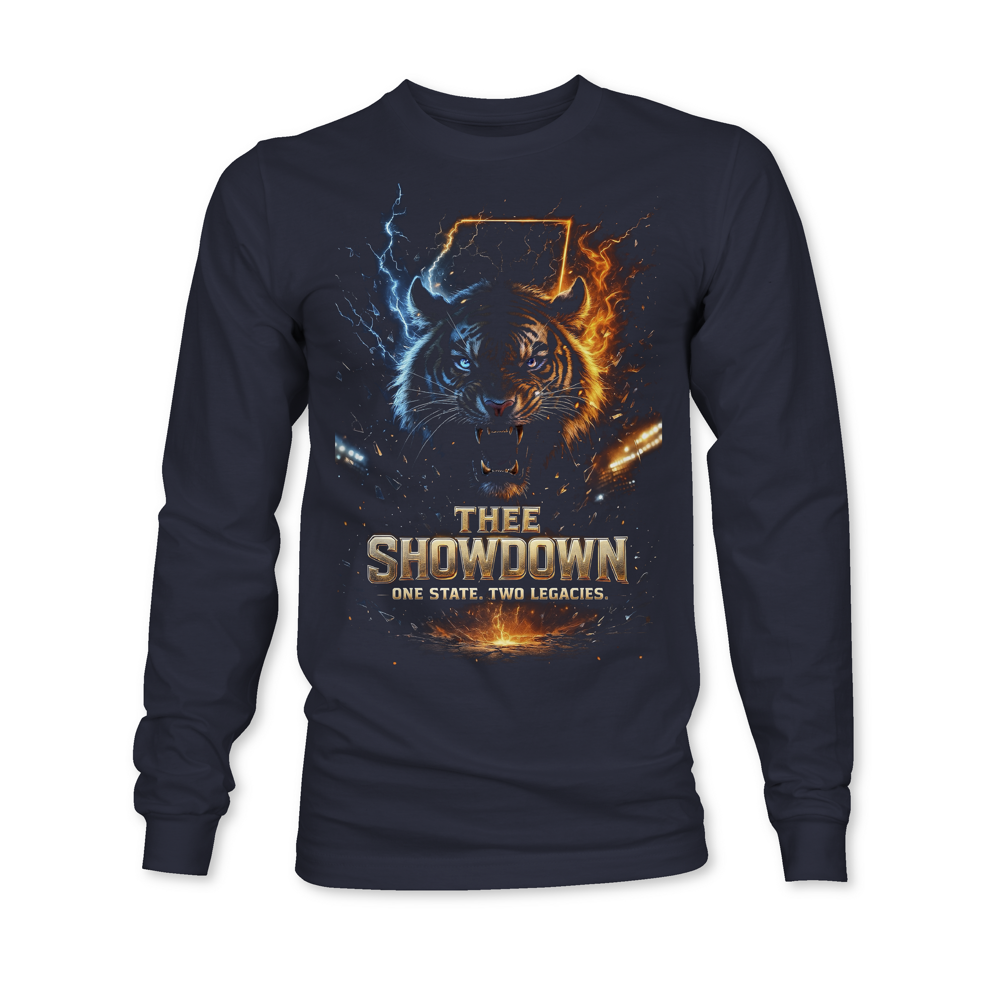 Thee Showdown graphic long sleeve crewneck tee, navy blue with wolf head lightning and flame