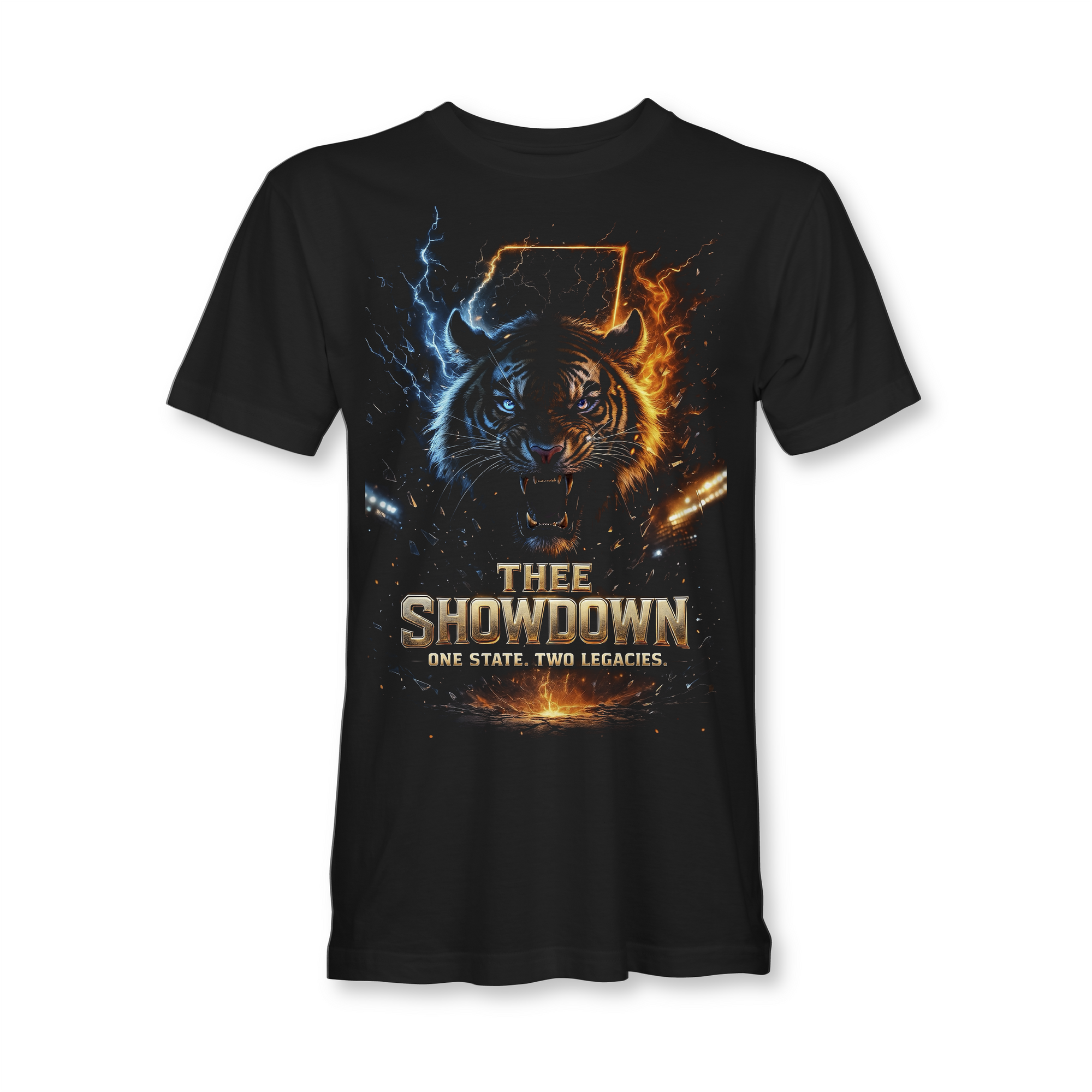Thee Showdown graphic short sleeve t-shirt, black with wolf head lightning and flame print
