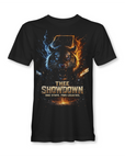 Thee Showdown graphic short sleeve t-shirt, black with wolf head lightning and flame print
