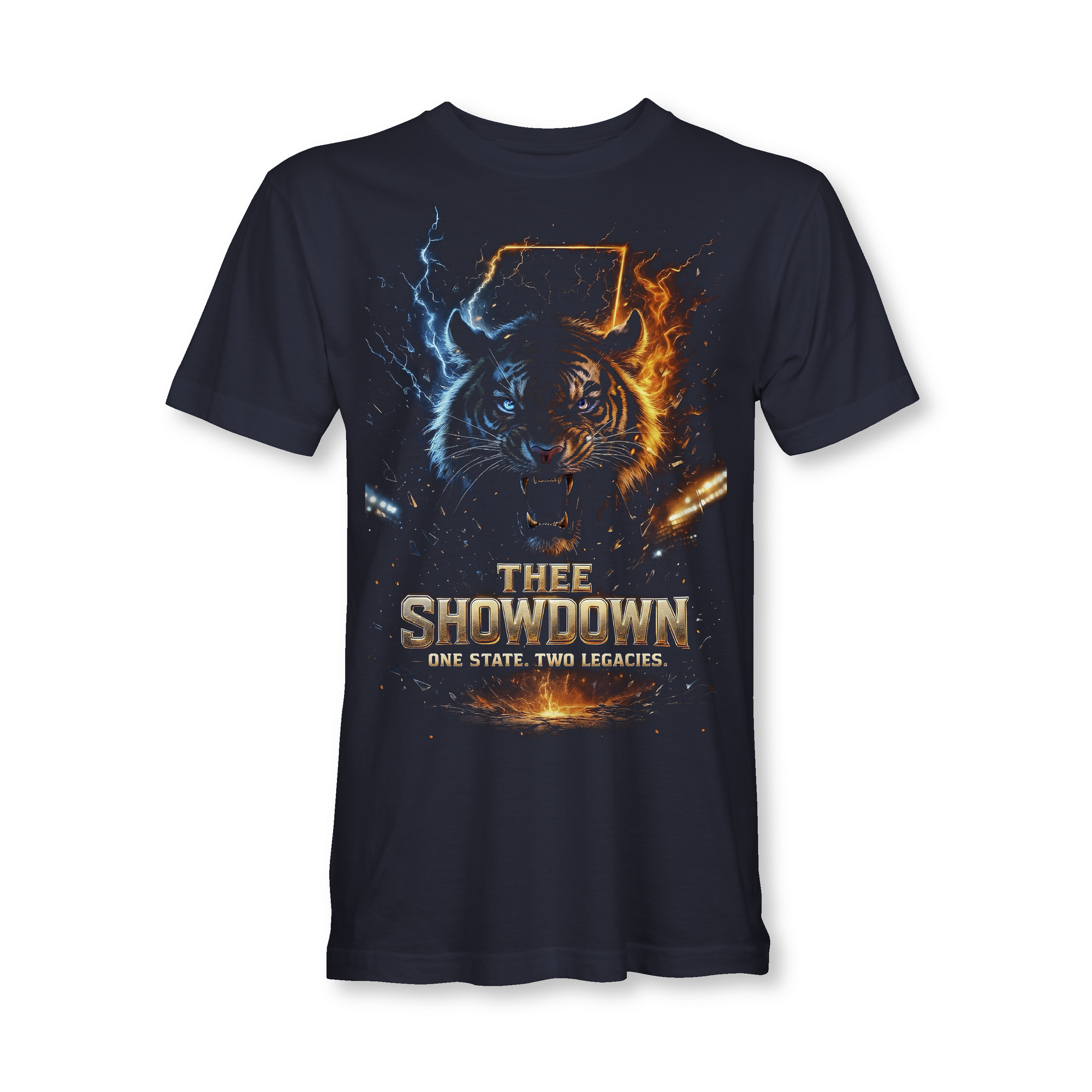 Thee Showdown graphic short sleeve t-shirt, navy blue with wolf head lightning and flame print