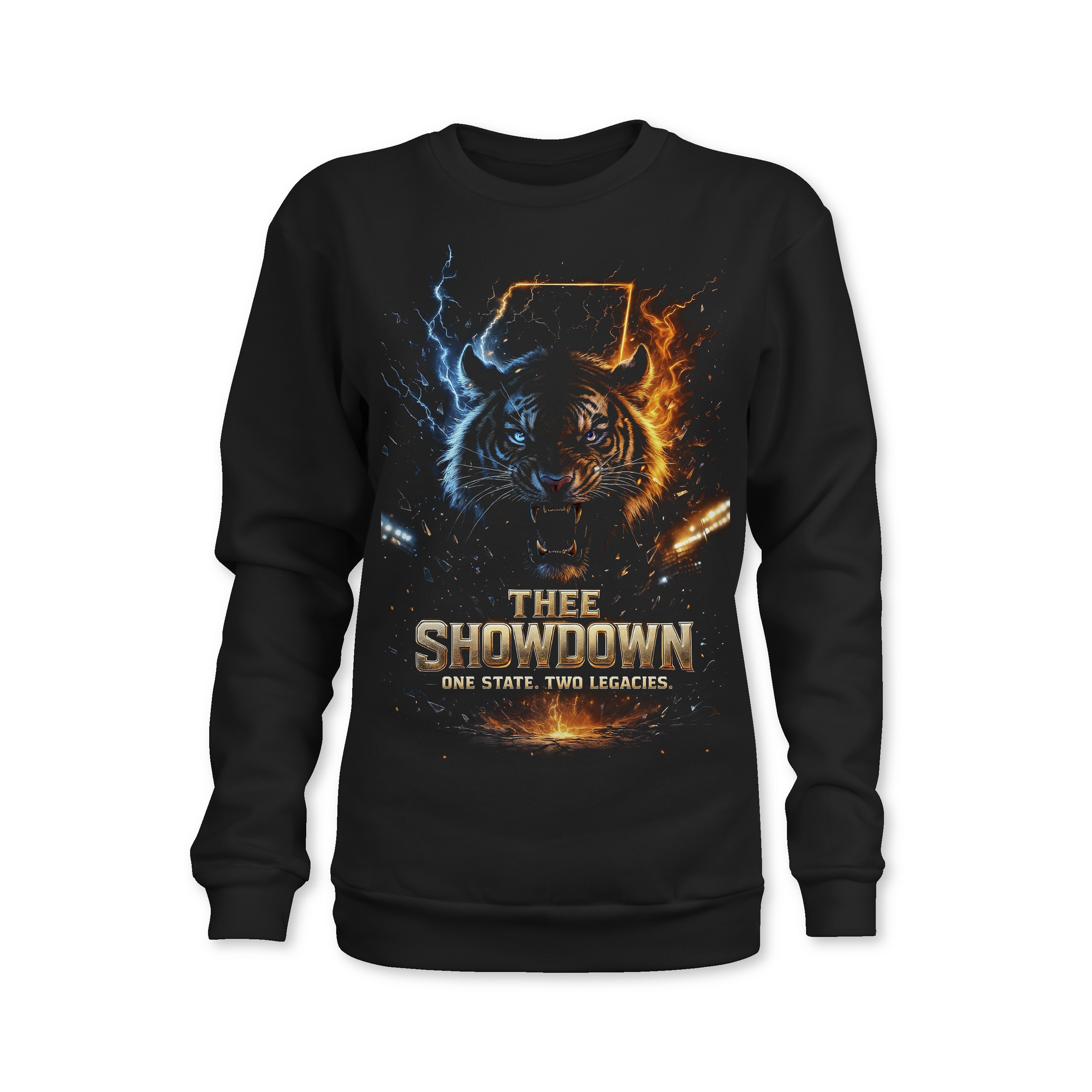 Thee Showdown graphic front pullover hoodie, black with wolf head lightning and flame print