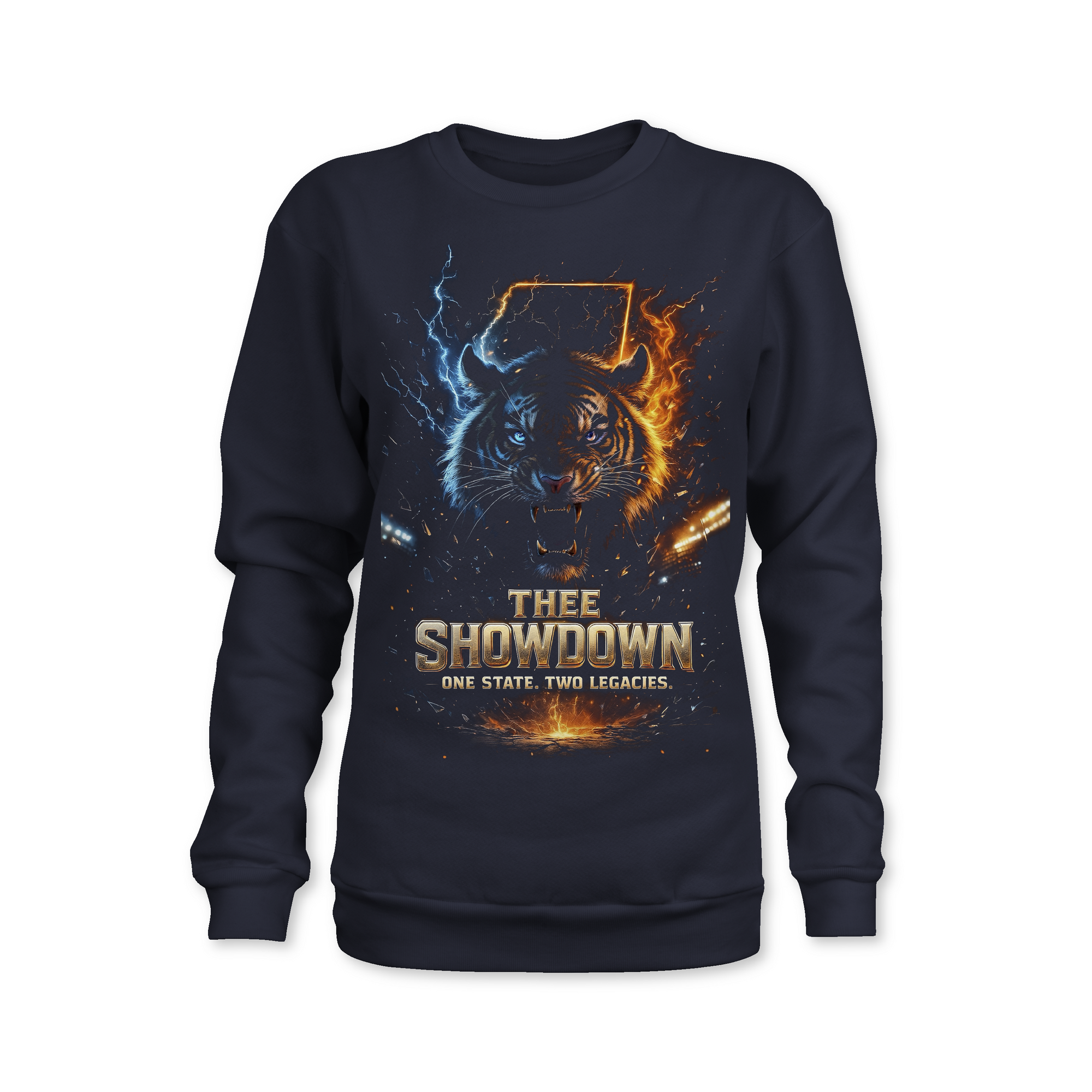 Thee Showdown graphic front pullover hoodie, navy blue with wolf head lightning and flame