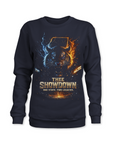 Thee Showdown graphic front pullover hoodie, navy blue with wolf head lightning and flame