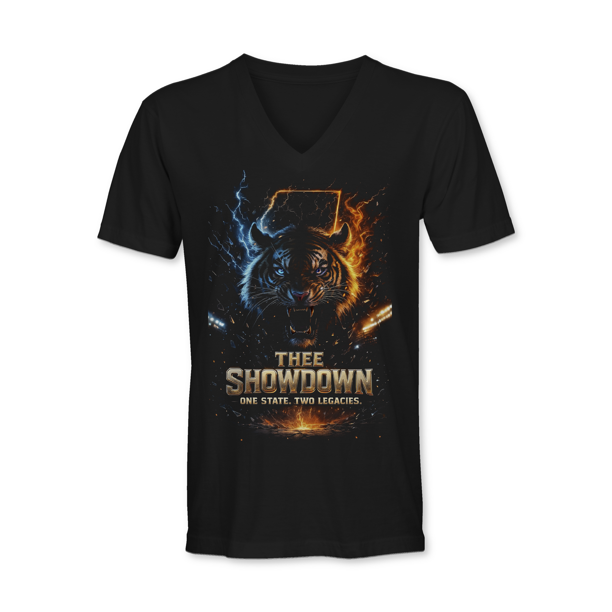 Thee Showdown graphic v-neck t-shirt, black with wolf head lightning and flame print
