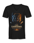 Thee Showdown graphic v-neck t-shirt, black with wolf head lightning and flame print