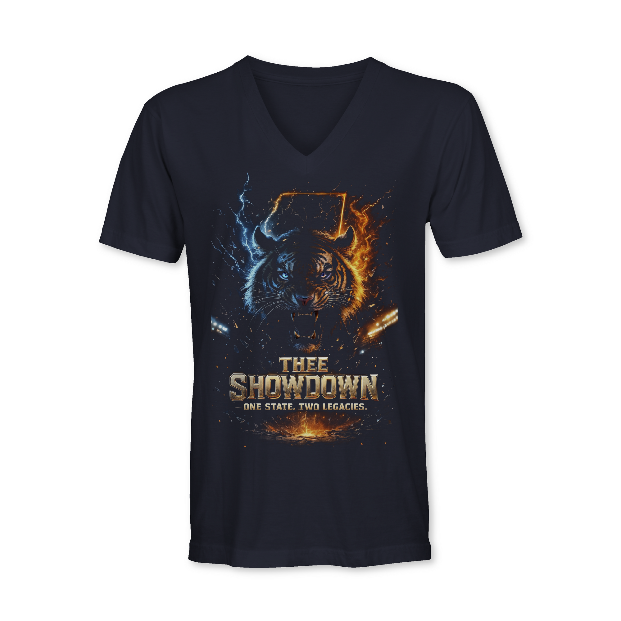 Thee Showdown graphic v-neck t-shirt, navy blue with wolf head lightning and flame print