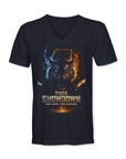 Thee Showdown graphic v-neck t-shirt, navy blue with wolf head lightning and flame print