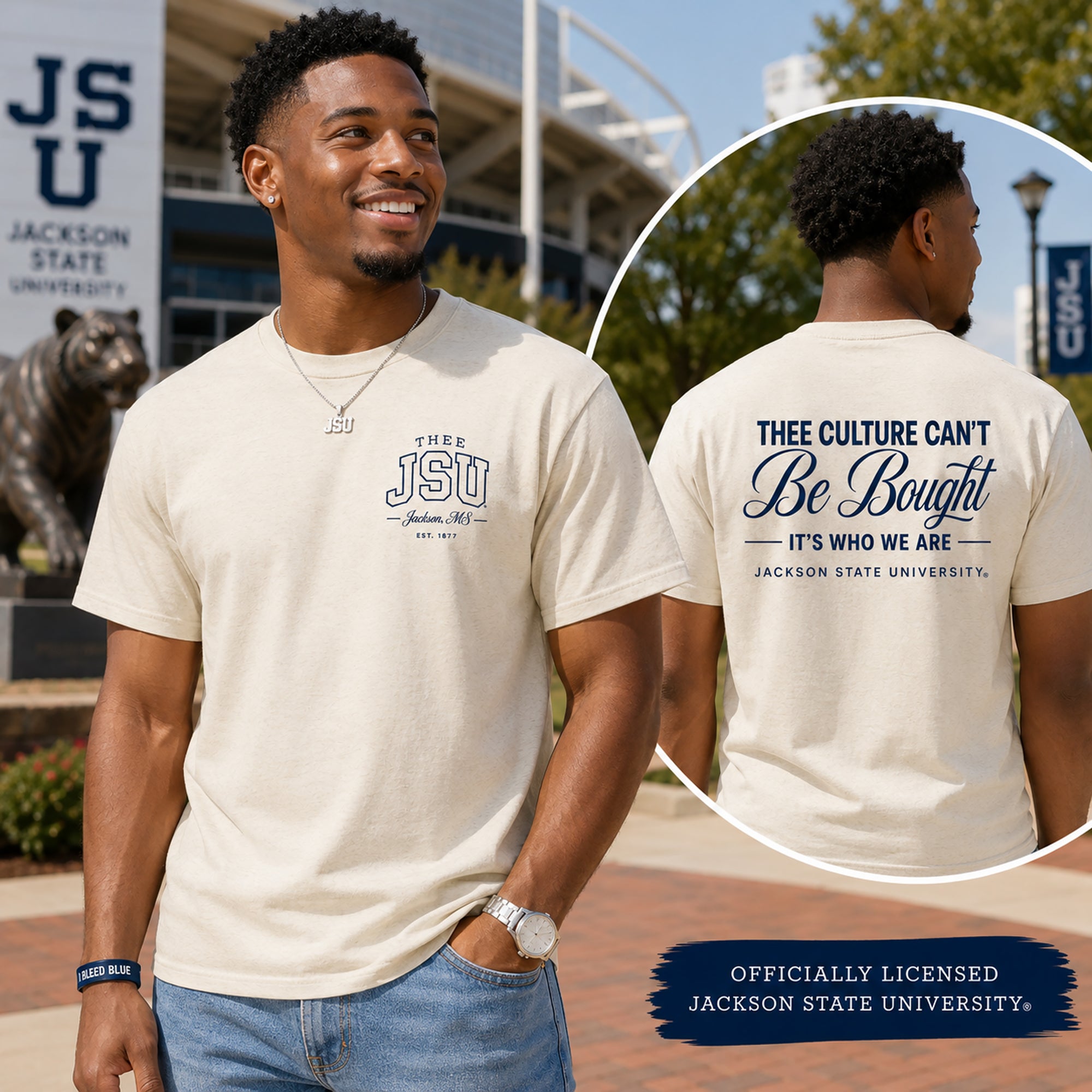 Man wearing a Jackson State University t-shirt with front and back text, standing outdoors.