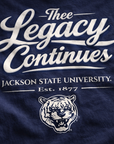 Navy blue t-shirt with 'Thee Legacy Continues' text and Jackson State University logo.