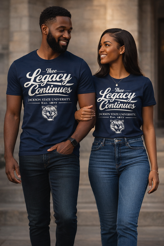 Two people wearing navy blue t-shirts with 'The Legacy Continues' text, standing close together.