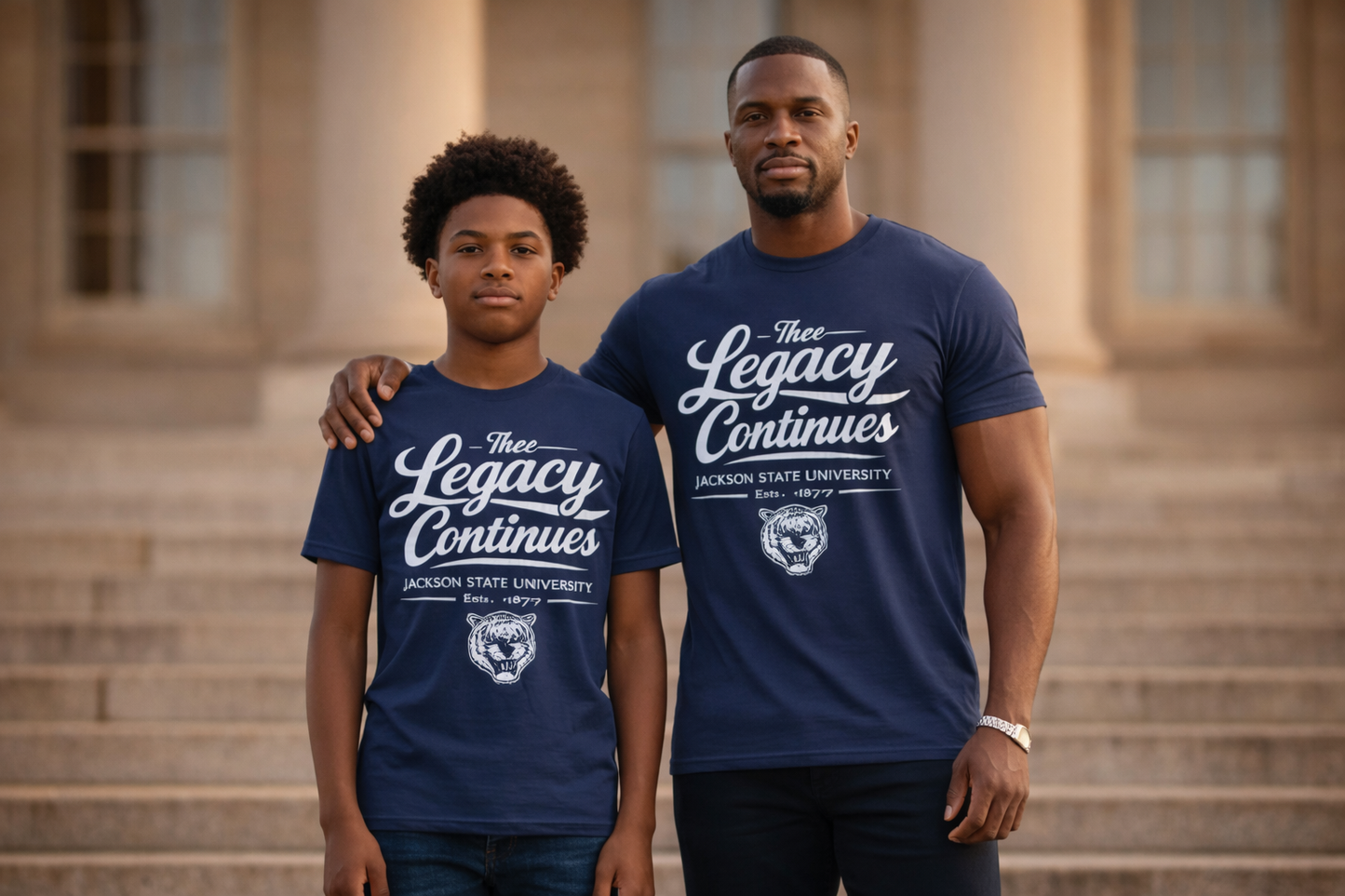 Two people wearing 'The Legacy Continues' t-shirts in front of a building.