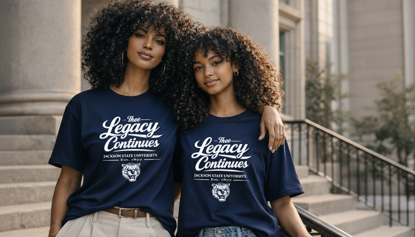 Two women wearing navy blue t-shirts with 'The Legacy Continues' text, standing on steps outdoors.