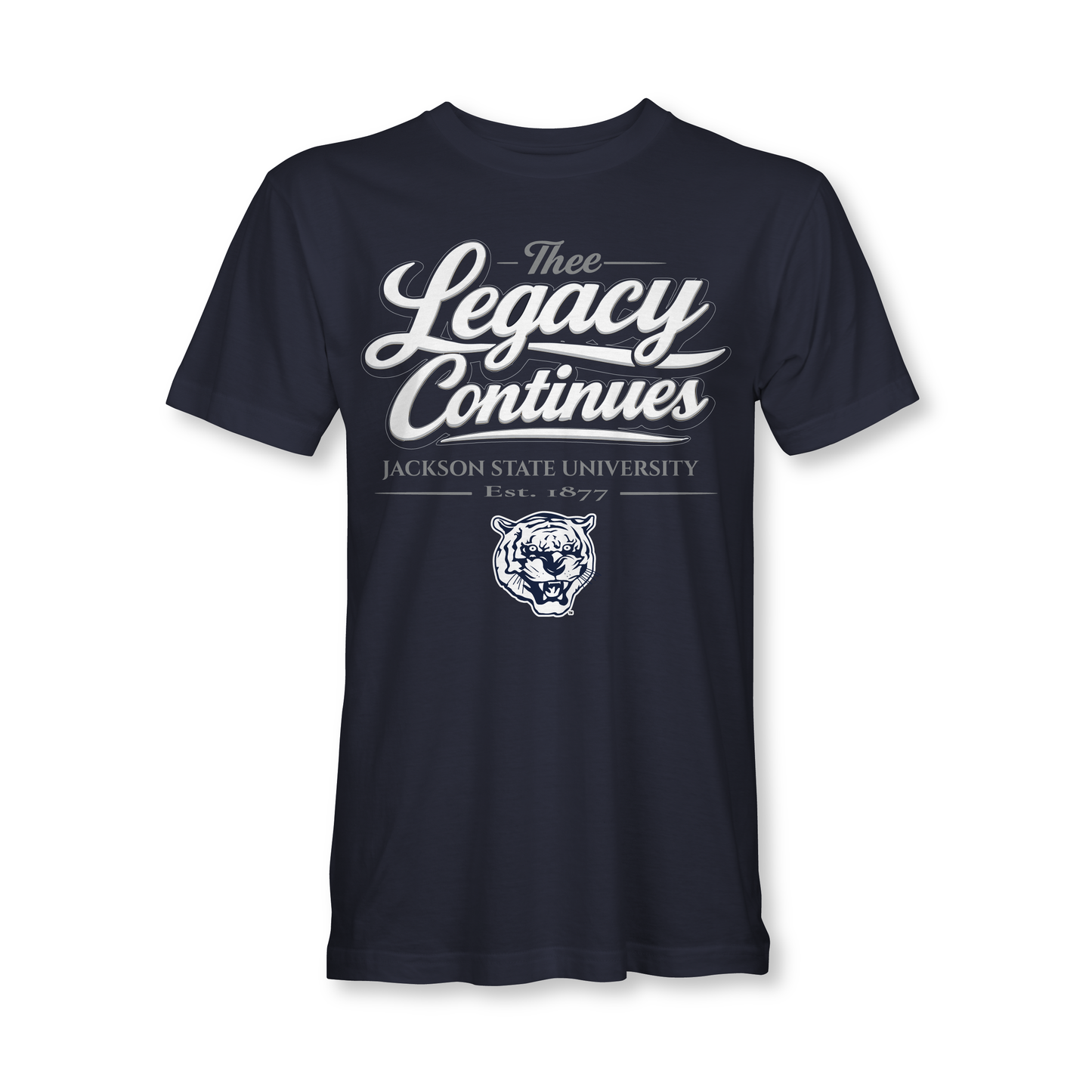 Navy blue t-shirt with 'Thee Legacy Continues' text and tiger logo on a white background