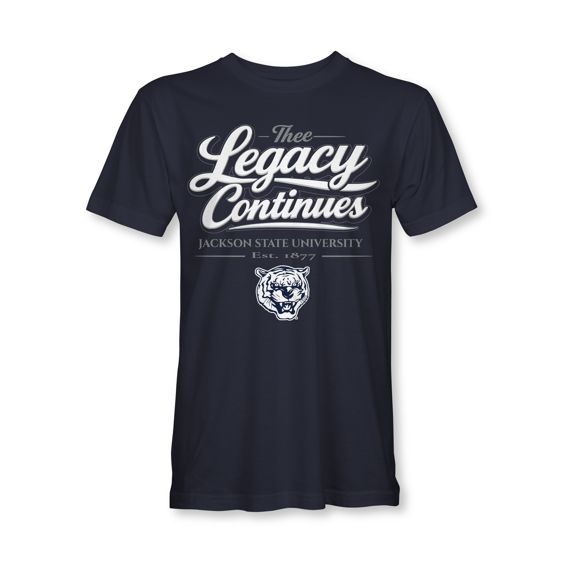 Navy blue t-shirt with 'Thee Legacy Continues' text and tiger logo on a white background
