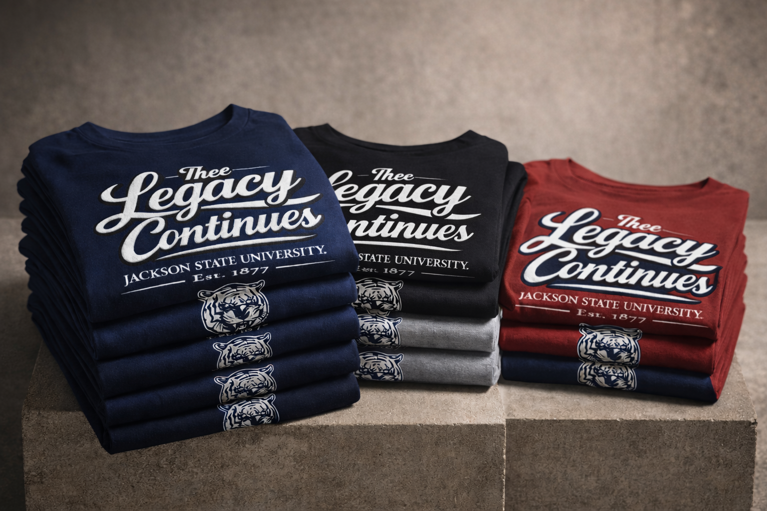 Stacks of t-shirts with 'The Legacy Continues' text and Jackson State University logo.