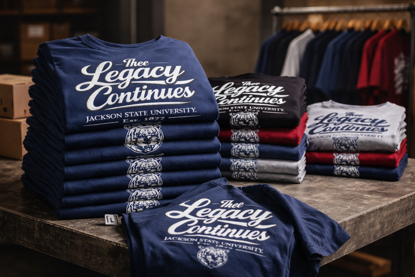 Stacks of t-shirts with 'The Legacy Continues' text on a wooden table.