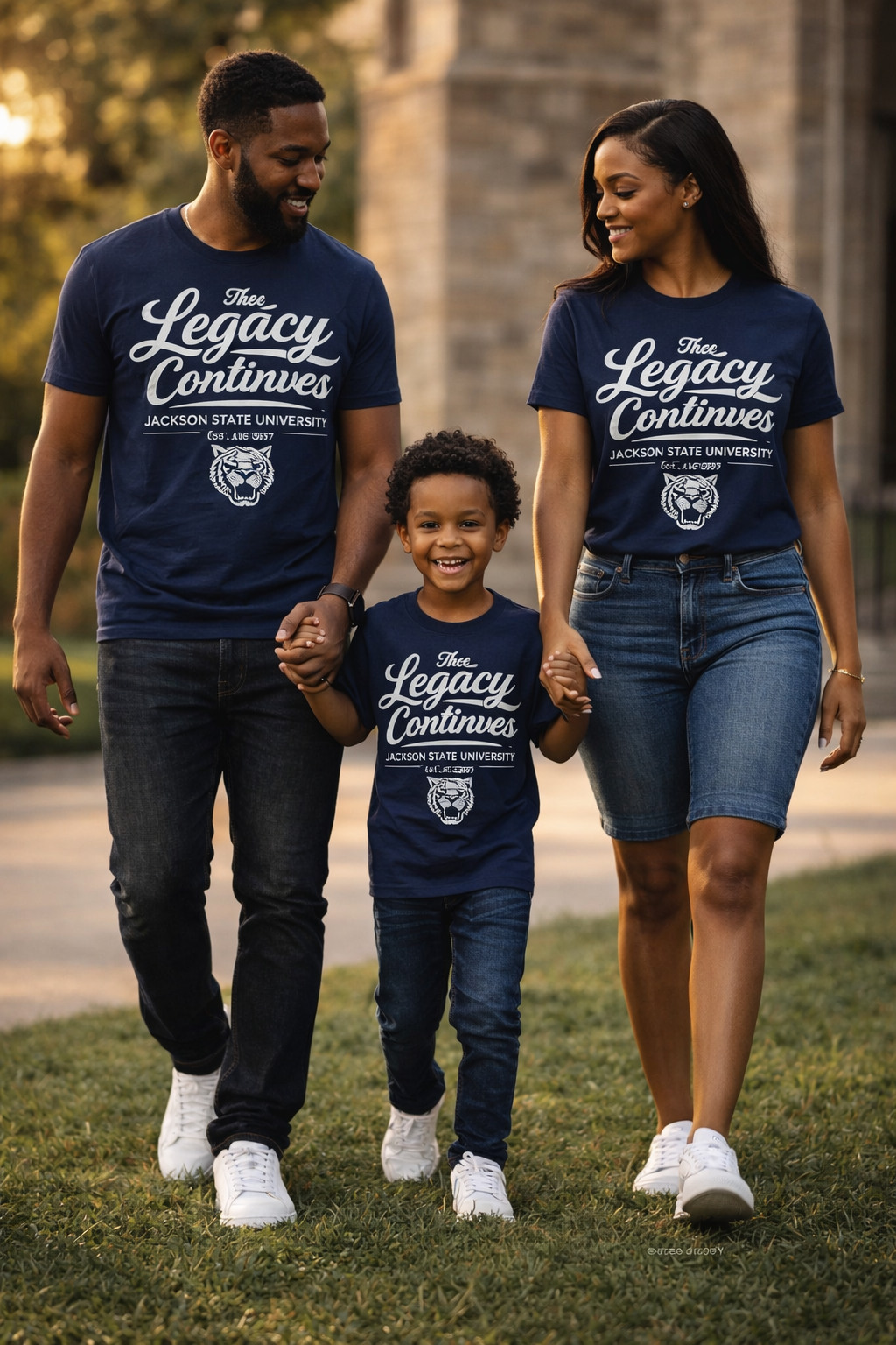 Family of three wearing matching navy blue t-shirts with 'The Legacy Continues' text, walking outdoors.