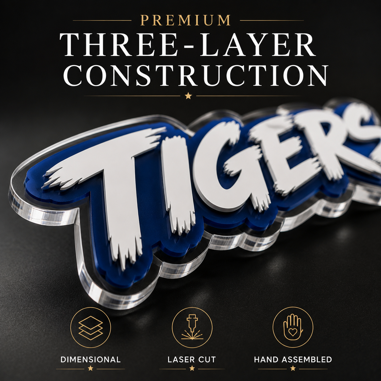 Premium acrylic spirit stick with raised blue lettering and shiny clear base layer