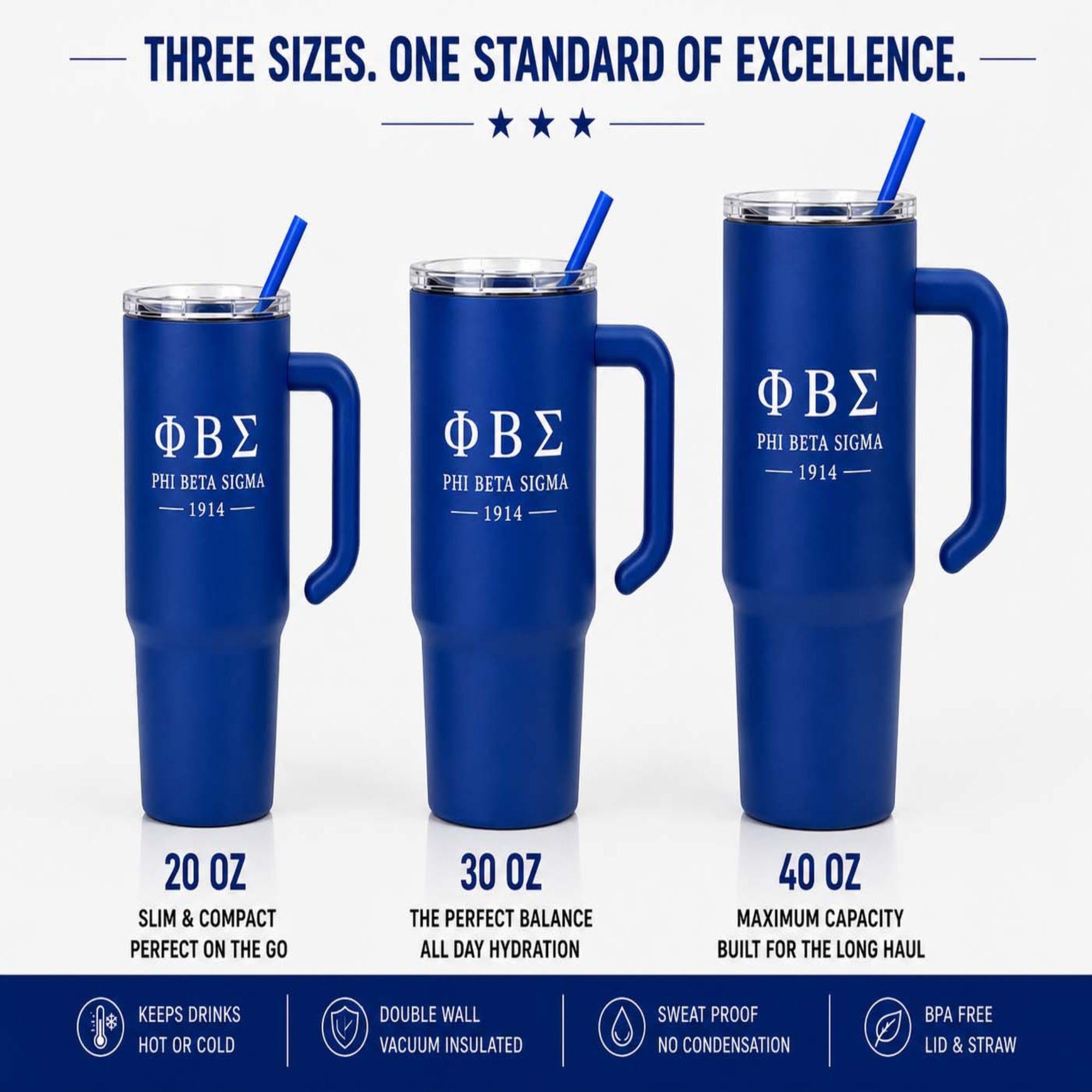 Three blue tumblers with handles and straws, labeled for different sizes and Phi Beta Sigma branding.