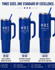 Three blue tumblers with handles and straws, labeled for different sizes and Phi Beta Sigma branding.