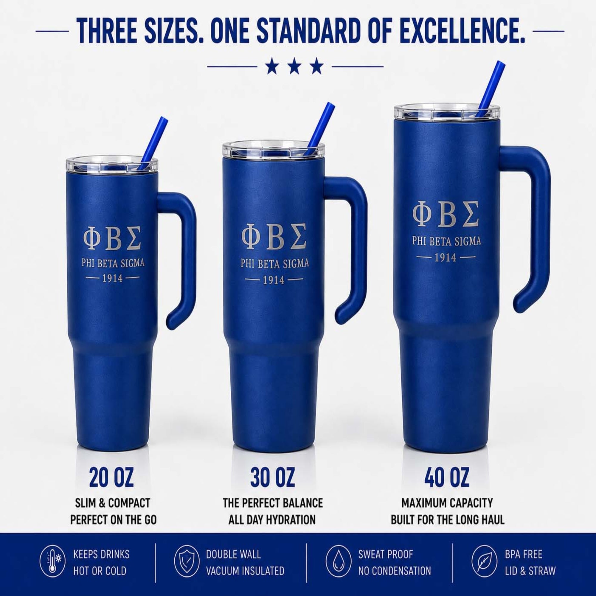 Three blue tumblers with handles and straws, labeled for different sizes, on a white background.
