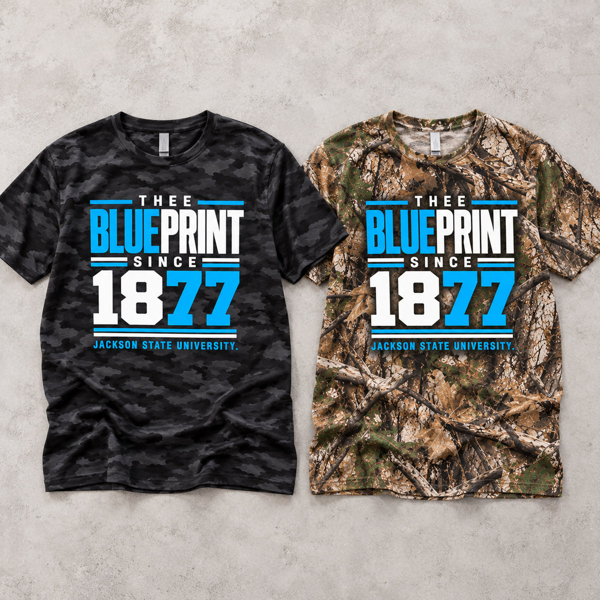 Jackson State Thee Blueprint Black Camo and Realtree APX shirts