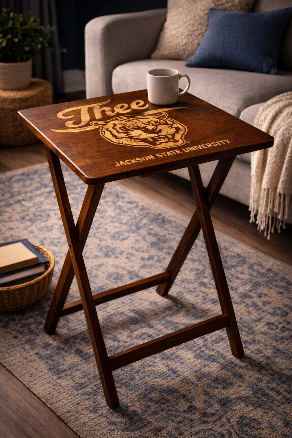 Natural folding tray table with engraved “J’thee” script, tiger crest, and Jackson State University