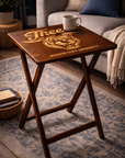 Natural folding tray table with engraved “J’thee” script, tiger crest, and Jackson State University