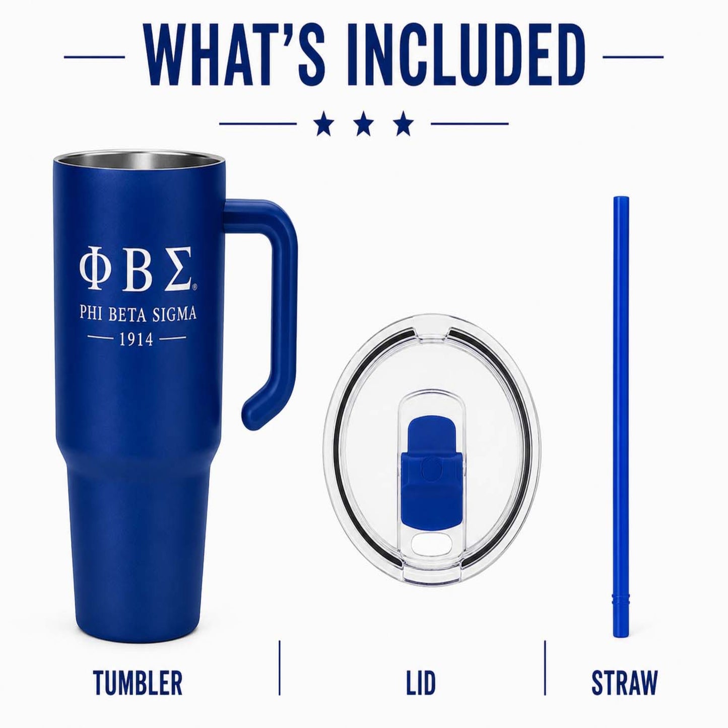 Blue tumbler with lid and straw, featuring Phi Beta Sigma logo, on a white background.