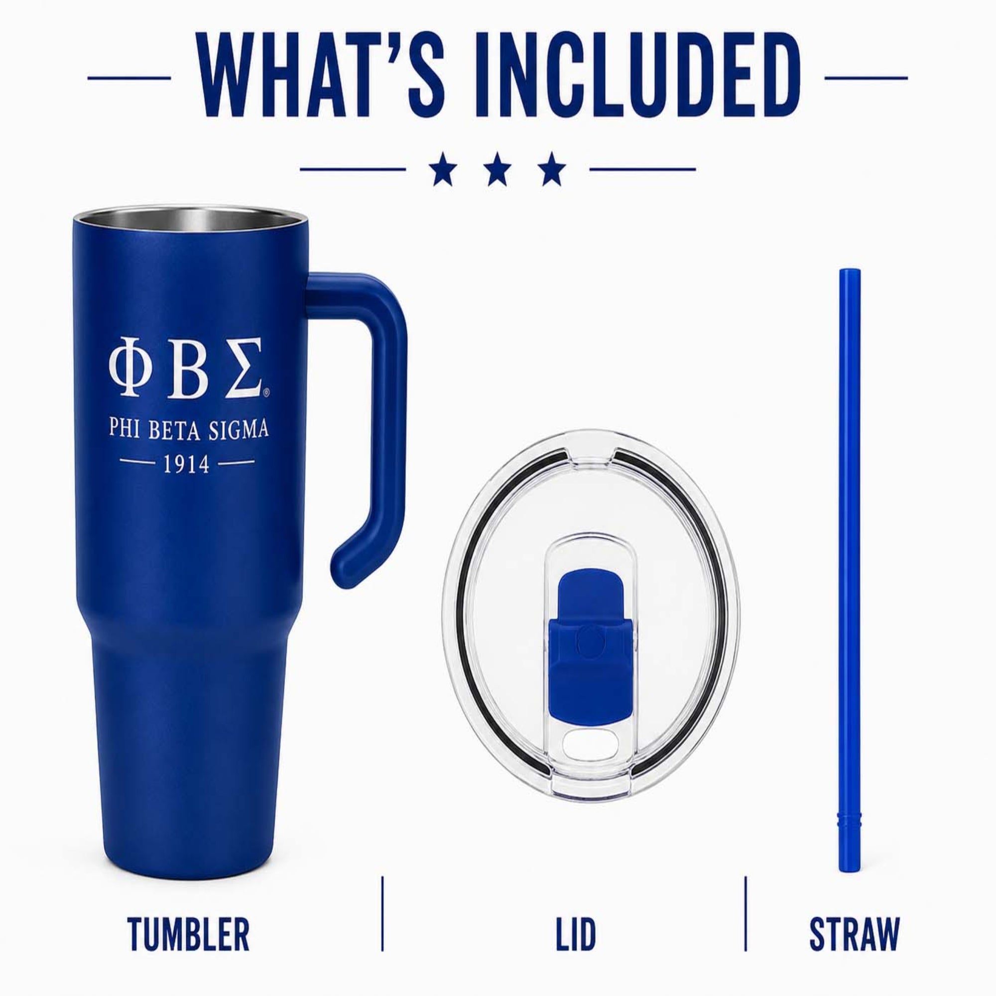 Blue tumbler with lid and straw, featuring Phi Beta Sigma logo, on a white background.