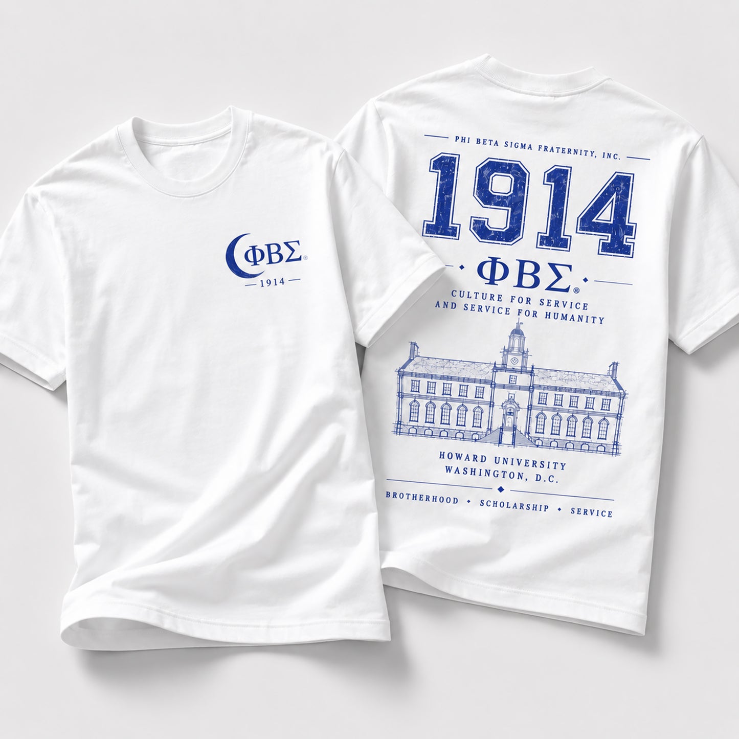 Front and back view of Phi Beta Sigma 1914 t-shirt featuring distressed collegiate artwork and Howard University illustration