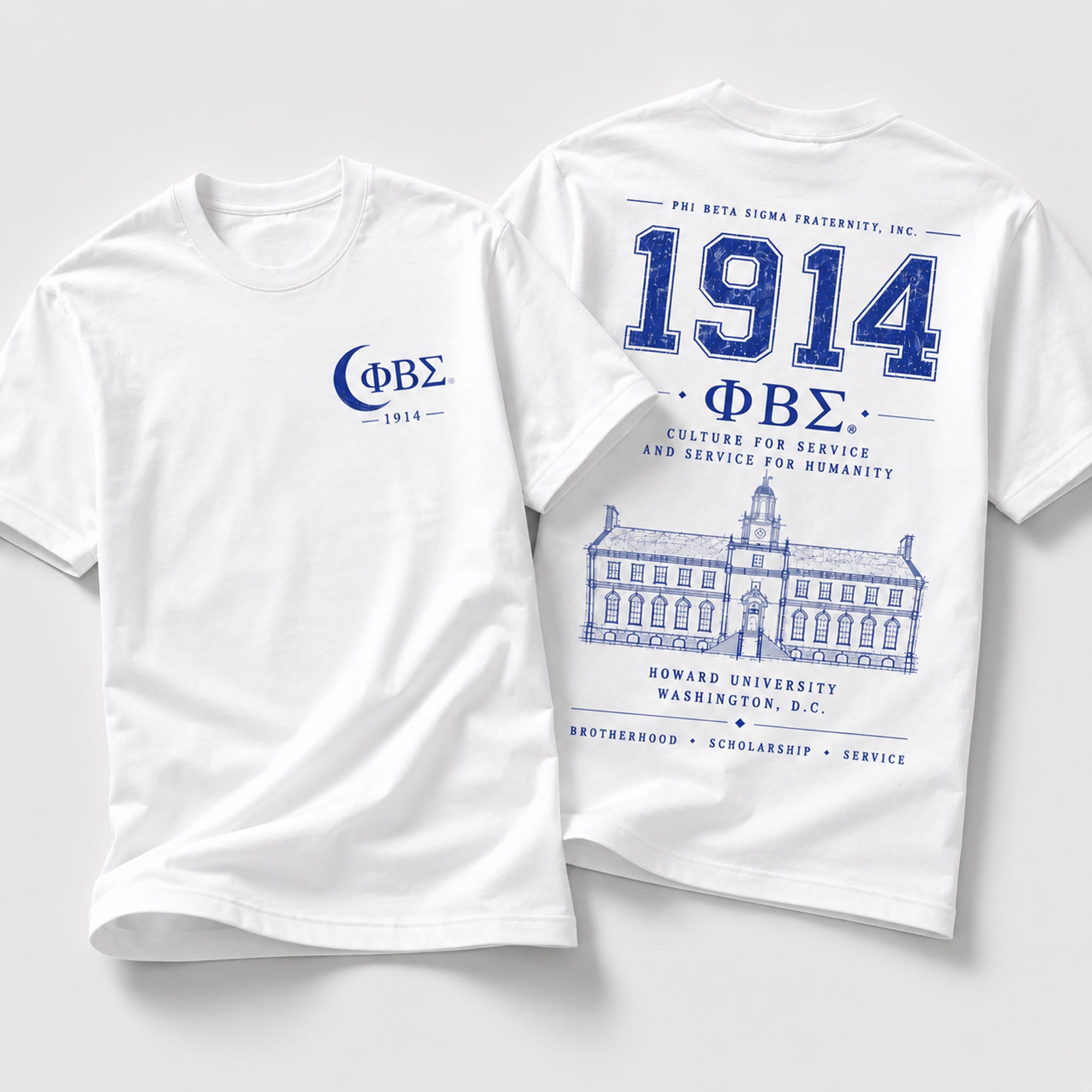 Front and back view of Phi Beta Sigma 1914 t-shirt featuring distressed collegiate artwork and Howard University illustration