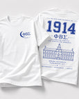 Front and back view of Phi Beta Sigma 1914 t-shirt featuring distressed collegiate artwork and Howard University illustration