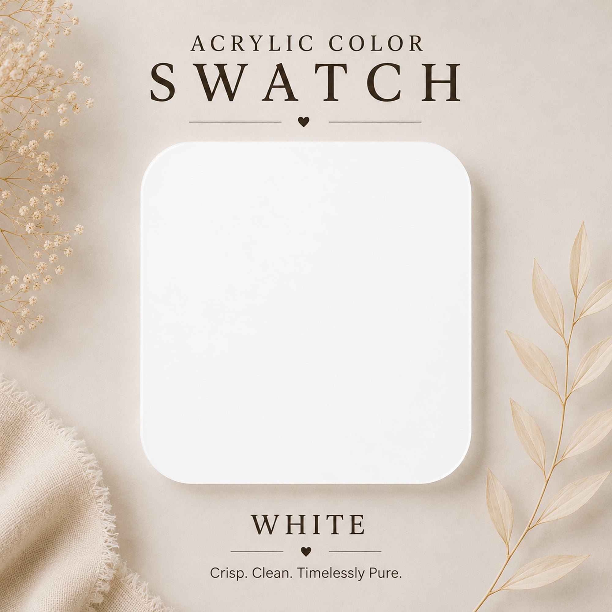 Acrylic color swatch labeled 'White' on a neutral background with text describing the color.